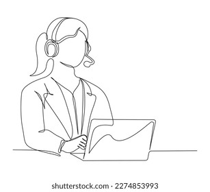 Continuous one line drawing of young woman sitting in front of a computer with a headset. simple woman as customer serive outline vector illustration.