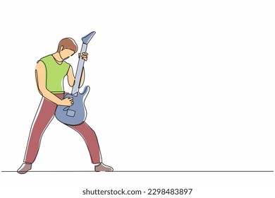 Continuous one line drawing young male musician playing electric guitar. Man practicing in playing guitar. Guitarist perform playing music instrument on stage. Single line design vector illustration