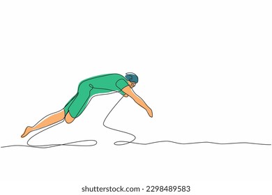 Continuous one line drawing young disabled person. Man in swimming suit jumping in water without leg. Disability sports. Active life with physical injury. Single line draw design vector illustration