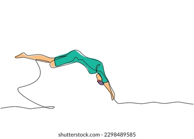 Continuous one line drawing young disabled person. Woman in swimming suit jumping in water without leg. Disability sports. Active life with physical injury. Single line draw design vector illustration