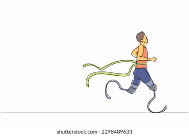 Continuous one line drawing young male athlete wins competition. Disabled sportsman with amputee crossing finish line. Sport, summer disability games, recovery. Single line draw design vector graphic