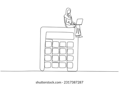 Continuous one line drawing young Arabian businesswoman sitting on giant calculator working on laptop computer. Calculating financial profit or passive income. Online payment. Single line draw design