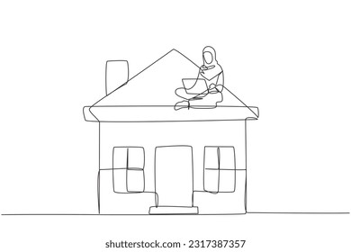 Dibujo continuo de una línea de una joven empresaria árabe sentada en una casa en miniatura mientras trabajaba en una laptop. Alquiler de casas. Gran ingreso pasivo. Buen futuro. Dibujo de una sola línea