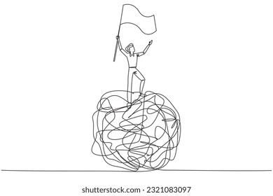 Continuous one line drawing of young businessman standing on giant tangled circle. Raising flag on his hand. Businessman who manage to get out of anxiety of mind. Single line draw vector illustration