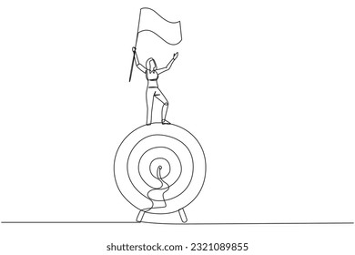 Continuous one line drawing of young businesswoman standing on giant arrow target board raising flag. Focus on targets, be patient, smart business, success will be achieved. Single line draw design