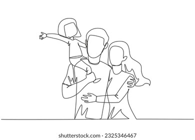 Continuous one line drawing of young woman hug her handsome husband who is holding their cute daughter. Smiling couple with child. Happy family concept. Single line draw design vector illustration