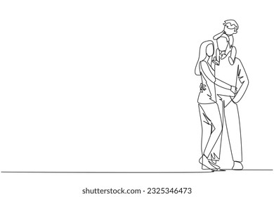 Continuous one line drawing of young woman hug her handsome husband who is holding their little cute son on shoulders hug. Smiling couple with child. Happy family relations. Single line draw  vector