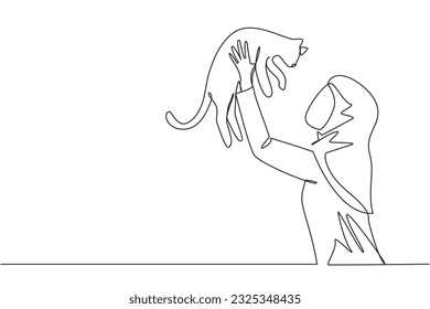 Continuous one line drawing of young beauty Arabian woman holding her cute cat. Woman pet owner plays with little cat. Happy woman holding cute kitty. Caring animals. Single line draw design vector