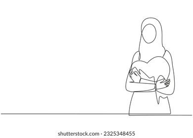 Continuous one line drawing of young happy beauty Arabian woman with casual shirt hugging a big red heart shape in her chest. Generosity illustration. Sharing concept. Single line vector illustration