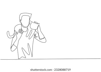 Continuous one line drawing of young energetic man hugging and carrying beloved cat on his shoulder. Happy young man playing with his beloved cat. Animal lovers. Single line draw vector illustration