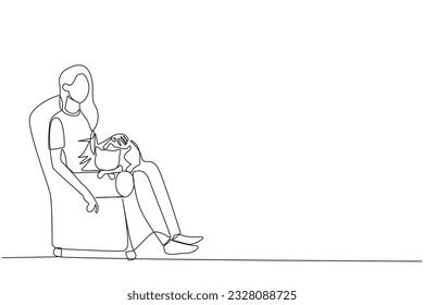 Continuous one line drawing of young beautiful woman sitting on the couch hugging cat and putting it on her thighs. Animal lovers especially cat, pet it untill sleep. Single line draw design vector