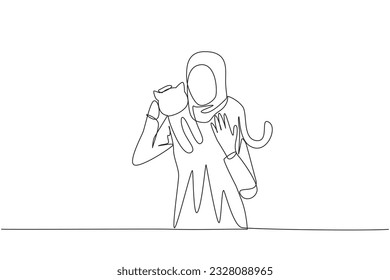 Continuous one line drawing young Arabian woman carrying cat her shoulders  Hug   care for his beloved pet carefully  Petting cat is sign affection  Single line draw vector illustration
