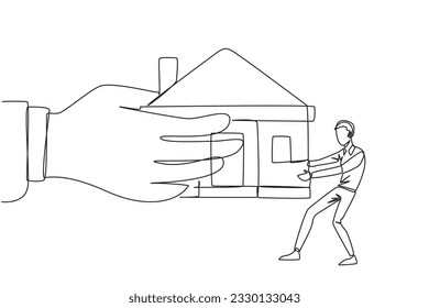 Continuous one line drawing young businessman pulling miniature house which is also pulled by a big hand. Failed to pay the mortgage so that it can be withdrawn by bank. Single line draw design vector