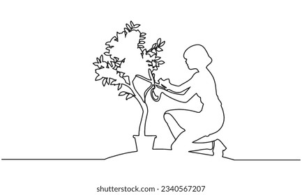 Continuous one line drawing young female farmer cut the leaves on the tree using plant scissors. Farming challenge minimalist concept. Single line draw design vector graphic illustration.