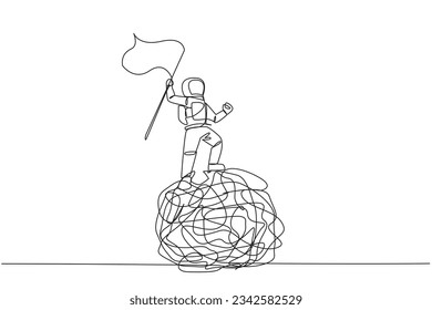 Continuous one line drawing young energetic astronaut standing on giant tangled circle holding fluttering flag. Tangles in space. Trouble outer space. Hectic. Single line design vector illustration