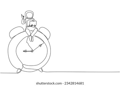 Continuous one line drawing young energetic astronaut sitting on giant alarm clock holding laptop raise one hand. Deadline work in spaceship launch planning. Single line design vector illustration