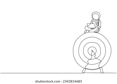 Continuous one line drawing young astronaut sitting on giant arrow board target typing laptop. Focus on solving expeditions have problems with first-degree damage. Single line draw vector illustration