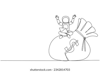 Continuous one line drawing young astronaut sitting on giant money bag holding laptop raise both hands. Keep lots of money in the bag for next expedition. Single line draw design vector illustration