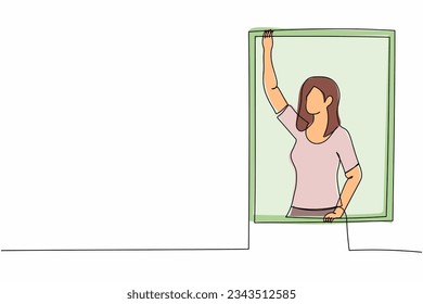 Continuous one line drawing young woman standing near window with waving hand. Loneliness, sadness, quarantine. Mental health problems due to pandemic. Single line design vector graphic illustration