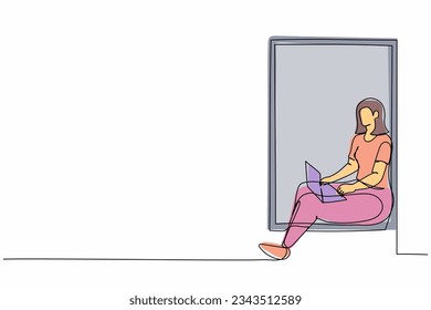 Una línea contínua dibujando a una joven sentada en el umbral de la ventana y trabajando con una laptop. Trabajo remoto desde casa. Educación en línea, estudiando a un estudiante. ilustración vectorial de diseño de línea única