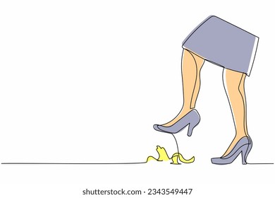 Una línea contínua dibujando a una joven empresaria pisando una cáscara de plátano. Peligro inminente, cáscara de plátano bajo tacones altos. Metáfora minimalista. ilustración vectorial de diseño de línea única