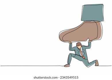 Continuous one line drawing young businessman under giant foot trample. Male manager pressure and domination, limiting freedom. Minimal metaphor concept. Single line design vector graphic illustration