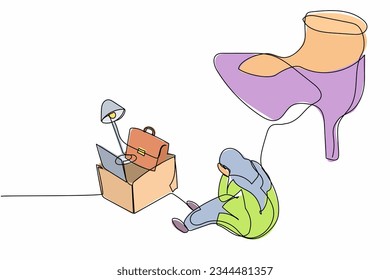 Continuous one line drawing young Arab businesswoman sitting on floor near office supplies under big foot stomp. Jobless, worker reduction metaphor. Single line draw design vector graphic illustration