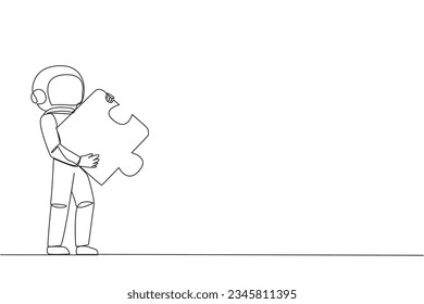 Continuous one line drawing young energetic astronaut walking holding a piece of puzzle on chest. Teamwork led him to pick up pieces of the moon's surface. Single line draw design vector illustration