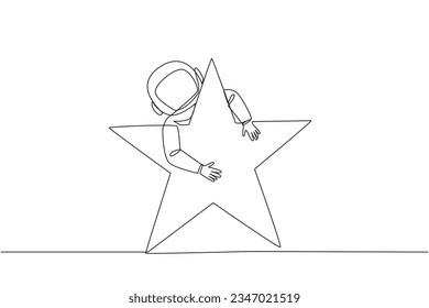 Una línea contínua dibujando a jóvenes astronautas enérgicos abrazando a una gran estrella. Recibió un premio estrella después de hacer varias expediciones a la superficie de la luna. Ilustración vectorial de diseño de líneas simples