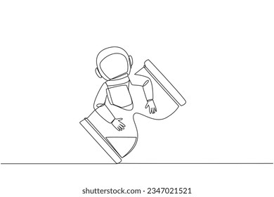 Continuous one line drawing young astronaut hugging hourglass. The exact countdown, the additional crew who want to land on the lunar surface have arrived. Single line draw design vector illustration