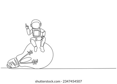 Continuous one line drawing young energetic astronaut sitting on big lightbulb raise one hand. Gestures  as having clever ideas about moon expeditions. Single line draw design vector illustration