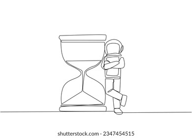 Continuous one line drawing young energetic astronaut lean on giant hourglass. Counting the waiting time for expedition to outer space. Galaxy deep space. Single line draw design vector illustration