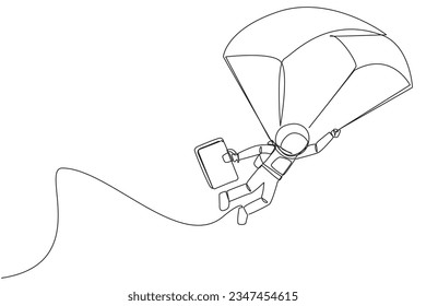 Continuous one line drawing young energetic astronaut flying with parachute holding briefcase. Tidy up parachute and then join the expedition team on earth. Single line draw design vector illustration