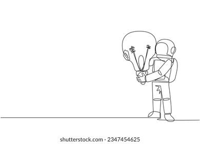 Continuous one line drawing young energetic astronaut lift up lightbulb. Gain enlightenment about the universe during expeditions. Cosmic galaxy deep space. Single line draw design vector illustration
