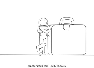 Continuous one line drawing young astronaut lean on big briefcase. Preparing for a long and distant journey to embark on an expedition on the moon surface. Single line draw design vector illustration