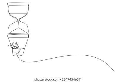 Plano continuo de una línea dibujando a un joven astronauta energético usando monocular, volando con vidrio de globo aerostático. Resaltar la nave espacial. Espacio profundo cósmico. Ilustración vectorial de diseño de líneas simples