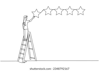 Una línea continua dibujando a una joven enérgica mujer feliz escalando escalera lleva 1 estrella, haciéndolo 5 estrellas seguidas. Dar muy buena recomendación al vendedor. Ilustración vectorial de diseño de líneas simples