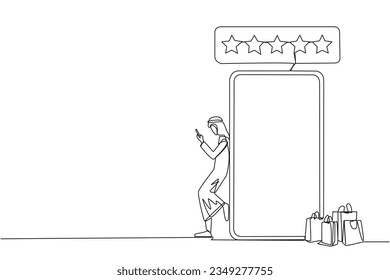 Continuous one line drawing young happy Arabian man leaning giant smartphone while typing smartphone  Concept online shop  Review five gold star  Single line draw design vector illustration