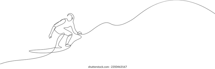 Continuous one line drawing of young female professional surfer. Extreme watersport concept drawn by single line. Vector illustration.