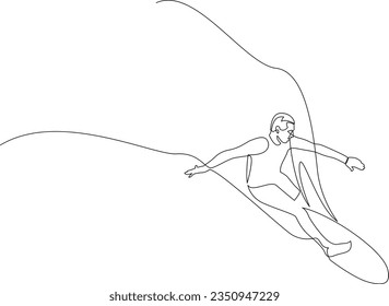 Continuous one line drawing of young professional surfer. Extreme watersport concept drawn by single line. Vector illustration.