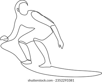 Continuous one line drawing of young female professional surfer. Extreme watersport concept drawn by single line. Vector illustration.