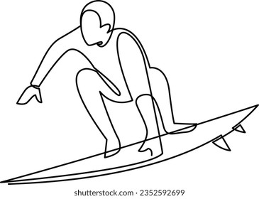 Continuous one line drawing of young professional surfer. Extreme watersport concept drawn by single line. Vector illustration.