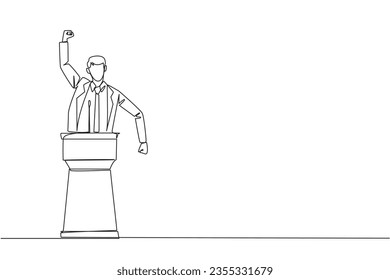 Continuous one line drawing young businessman speak at the podium by clenching fists at head height. Doing oration. Leadership concept. Burning spirit. Single line draw design vector illustration