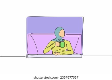 Continuous one line drawing young Arab woman enjoy hot coffee or tea. Female holding mug and looking outside through window while sitting on windowsill. Single line design vector graphic illustration