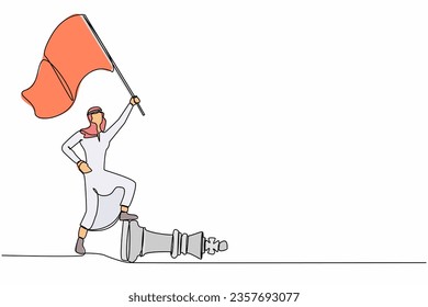 Continuous one line drawing young Arab businessman waving flag and overcoming other corporation piece. Defeat competitor in business as winning chess game. Single line draw design vector illustration