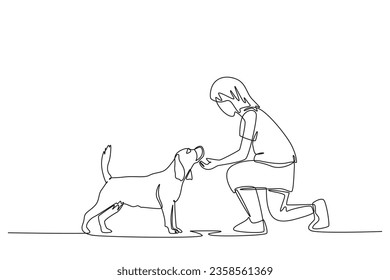 Continuous one line drawing young happy girl handshaking her cute dog. Friendship about human and pet animal concept. Little kid playing with dog. Single line draw design vector graphic illustration