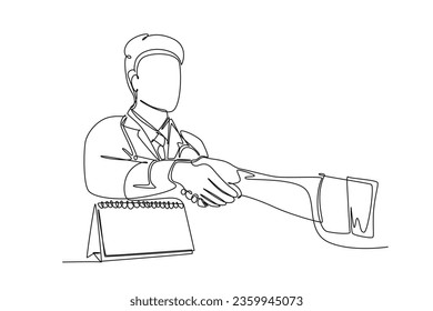 Continuous one line drawing young smart doctor handshake the patient in hospital after running test on lab. Healthcare medical check up treatment. Single line draw design vector graphic illustration