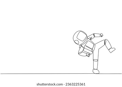 Continuous one line drawing young astronaut doing taekwondo movements. Kicking motion. Strong legs. Keeping business with sport. Keep healthy stay strong. Single line draw design vector illustration
