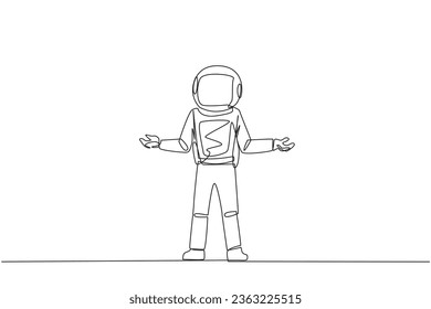 Una línea continua dibujando al joven astronauta de pie derecho con los brazos abiertos. El astronauta solitario y triste se lamenta de los negocios no desarrollados. Director infeliz. Ilustración vectorial de diseño de líneas simples