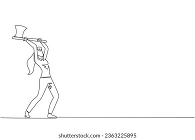Una línea contínua que dibuja a una joven empresaria balanceando un hacha. Estilo como un leñador. Fuerte. Muscular. Poderoso. Deportes para la salud física. Conciencia. Ilustración vectorial de diseño de líneas simples